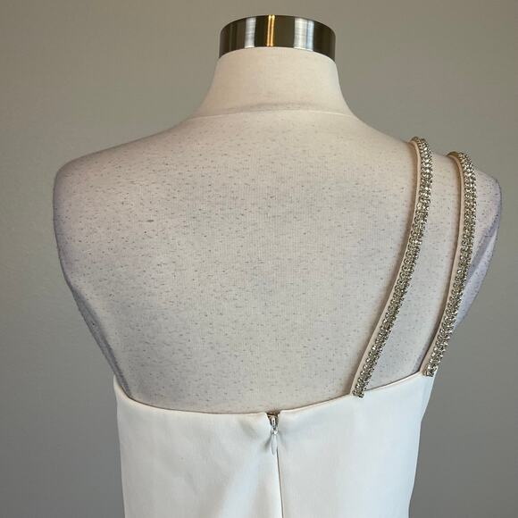 One Shoulder Beaded Mini Sheath Cocktail Dress White Size 10 Side Slit by AQUA - Picture 9 of 14